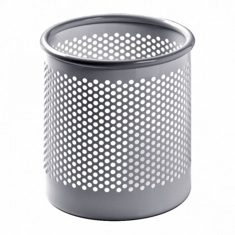 Grauer Cribbio Papierkorb von Rexite mit runder Form und Lochmuster für Büro und Zuhause.